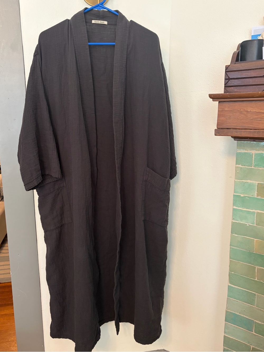 Black Crane Organic Cotton Gauze Duster Long Robe Jacket Coat Black
